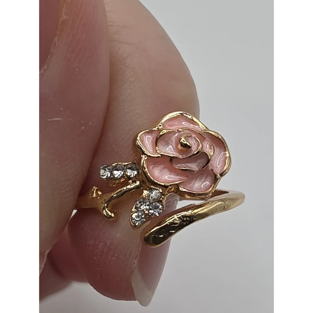 Enamel Flower Pink Rose Goldtone One Size Fits All Ring